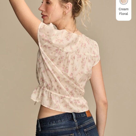 Lucky Brand Cream Floral Lace Inset Blouse Sz L - Picture 5 of 5